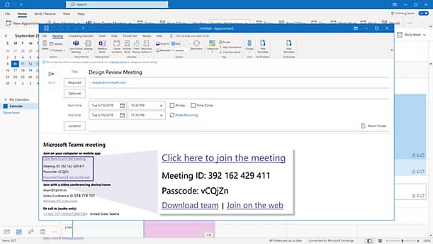 A Teams meeting invite in Microsoft Outlook zoomed in on the meeting ID.